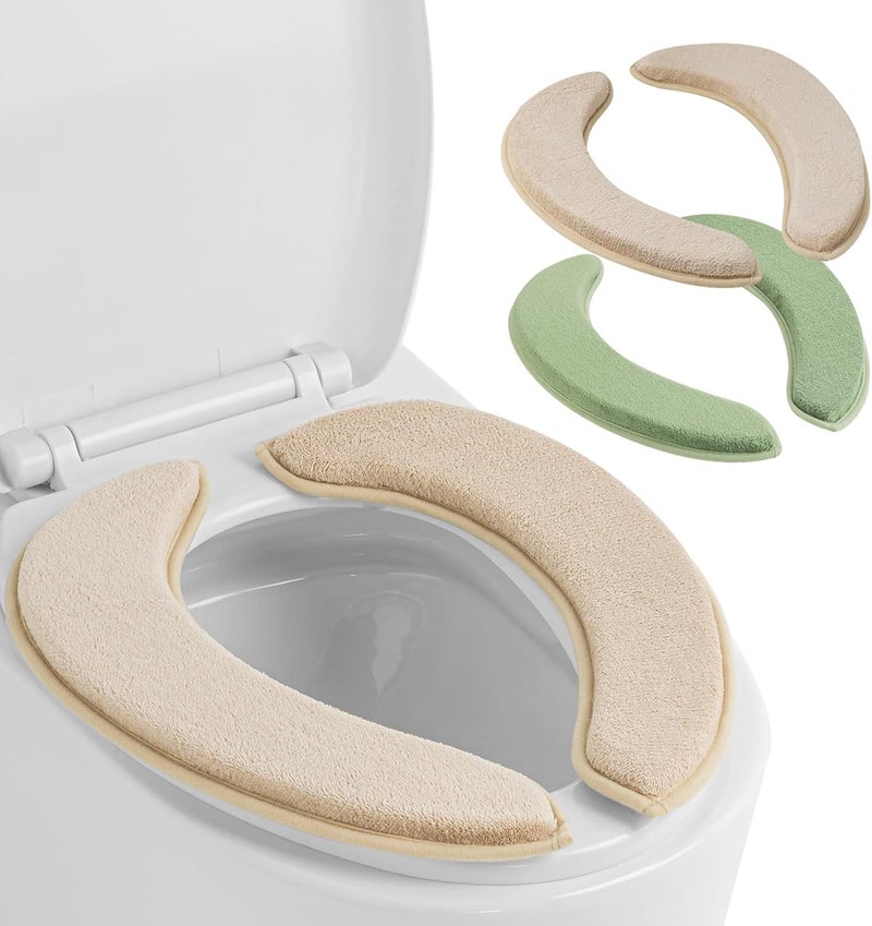 SHIEN Soft Thicker Flannel Bathroom Toilet Seat Cover, 2 Pack Non Slip Warmer Comfortable Seat Cushions with Memory Foam, Easy Install with Self-Adhesive Tape, Reusable Toilet Lid Cover (Green,Beige) - Image 1